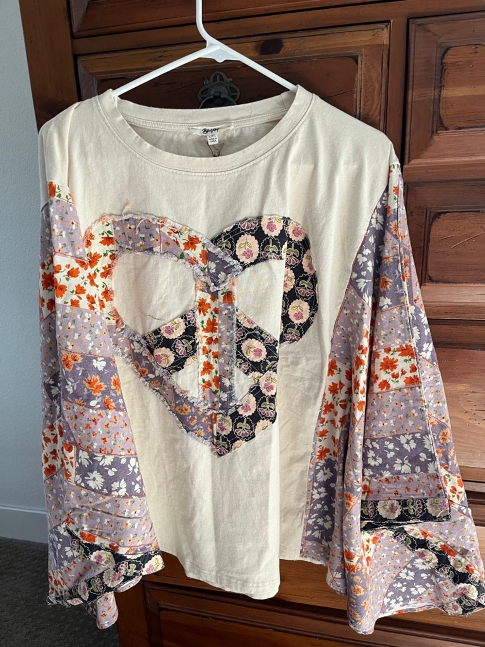 Blue Velvet Boho Patchwork Heart Tunic - Cream with Floral Sleeves NWT